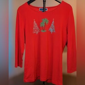 Karen Scott Red Holiday Palm Tree Christmas Top | Women’s Large